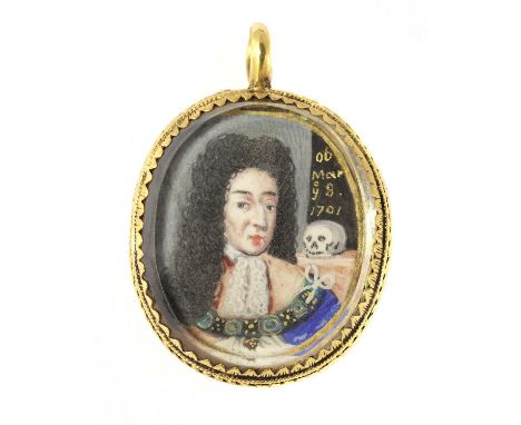 English School, 18th centuryA portrait of William III (1650-1702) wearing a long brown wig, and holding a skull, a memento mo