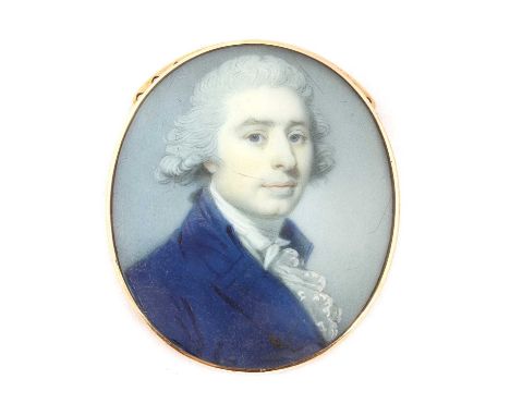 Richard Crosse (1742-1810)Portrait miniature of a gentleman, powdered hair en queue, blue coat and lace-frilled stockwatercol