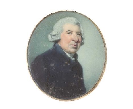 Richard Crosse (1742-1810)Portrait miniature of a gentleman with powdered hair in a dark blue coat, with a green background, 