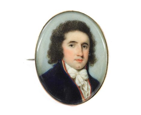 English School, 18th centuryPortrait of a gentleman in a blue coat, with a red and gold waistcoat and white stockminiature on