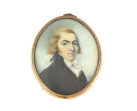 John Edmund Halpin (Irish, b.1764)Portrait miniature of a gentleman wearing a buttoned black coat, white ruffled chemise and 