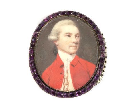 Circle of John Smart (1741-1811)Portrait of a gentleman wearing a red coat, white waistcoat and stock, his grey wig curled an