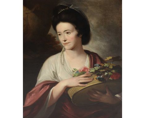 Tilly Kettle (1735-1786)Portrait of a lady with pearls in her hair, in a cream dress and red cloak, holding a basket of flowe