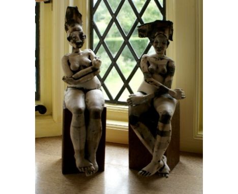 Two contemporary metal and ceramic figure sculptures, 35cm high (2) 