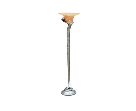 A bronzed snake form standard lamp, after Edgar Brandt, 1.63m high, includes glass shade, minus fixings illustrated 
