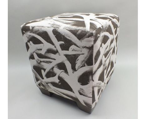 An upholstered stool in antler print fabric, on block feet, 44cm square, 49cm high 