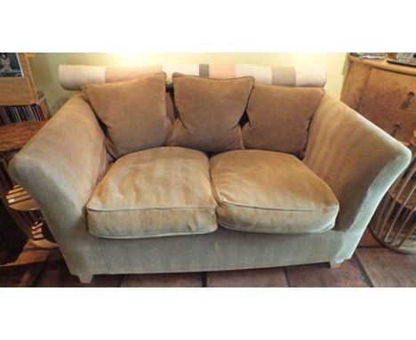 A small sofa with two cushion seats and three cushions to back, in gold striped cord fabric upholstery 