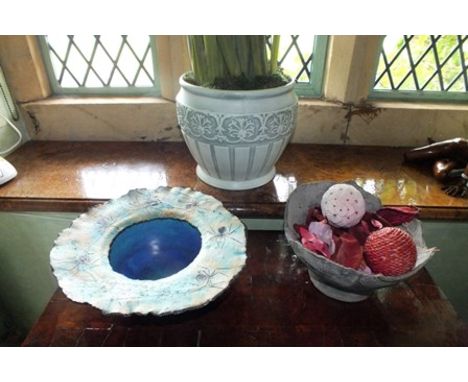 An early 21st century studio ceramic bowl with spider decoration to the rim, incised "Alice 07", 28cm diameter, a planter and