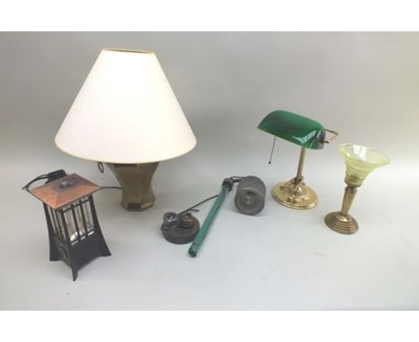 A selection of four table top lamps, includes a banker's lamp, one constructed using bicycle pedal, half a soda syphon and co