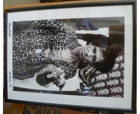 A black and white portrait photograph of Keith Richards, taken by Alan Strutt in Barbados, signed and dated '93, presentation