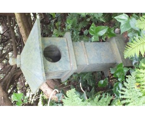 A glazed stoneware Japanese garden lantern, with pagoda top on square stepped platform base, with full and crescent moon open