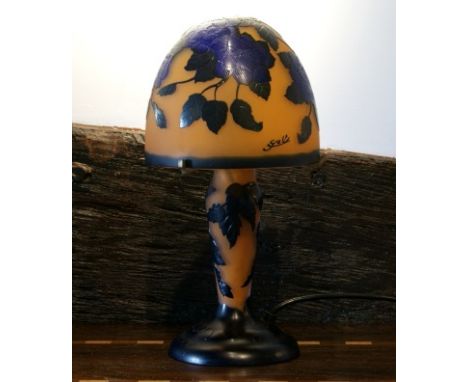A Galle style cased glass table lamp, bears a signature, 35cm high 
