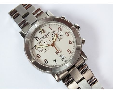 A gentleman’s W1 Raymond Weil stainless steel quartz chronograph wristwatch, the circular dial with Arabic numerals, date ape