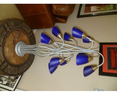 A modernist multi-arm grey finished table light, with chrome and blue glass shades, 90cm high 