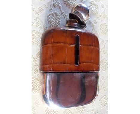 A silver plated mounted glass hip flask, James Dixon and Sons, Sheffield, the glass body with crocodile skin mount with remov