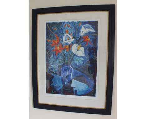 CATHERINE HAVARD "Blue Lilies" a vase of Arum and Tiger lilies, a limited edition colour print, signed in pencil, titled and 
