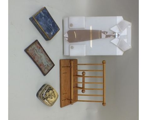 A "Levenger" folding oak bookstand, together with a plastic shirt front lamp, a ceramic plaque, blue hinged lid box and one o