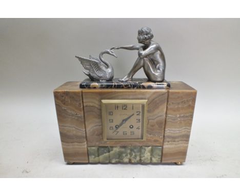 GROSSEL MAYAUX, REIMS An Art Deco mantel clock, marble cased with cast spelter Leda and the swan figurative mount, the square