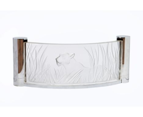 A "Lalique" Art Deco style table light, comprising a demi-lune reverse intaglio and frosted glass panel of a puma in long gra