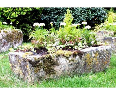 A 19th century hewn stone garden trough of irregular shape, 94cm long, with plants 