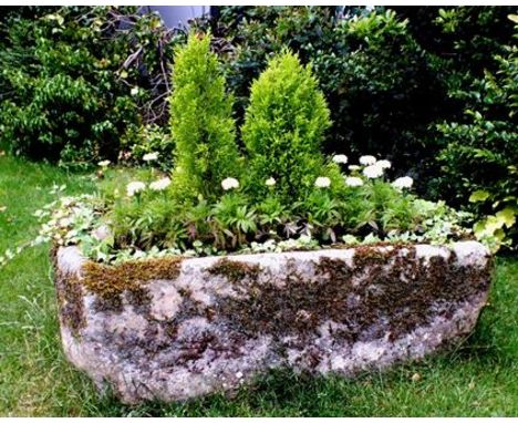 A 19th century hewn stone garden trough of rectangular form, 117cm long, with plants 
