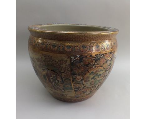 A late 20th century Japanese ceramic goldfish bowl with panels of Bijin in landscape, flowers etc., richly gilded, inscribed 