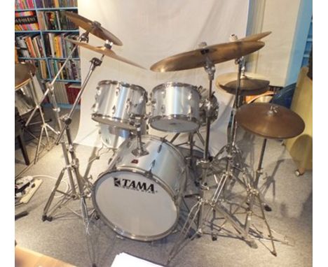 Felix Dennis's drum kit, being a silver shelled "Tama Swing Star" with chromed snare, custom dark high hat and "Zildjian, Rog