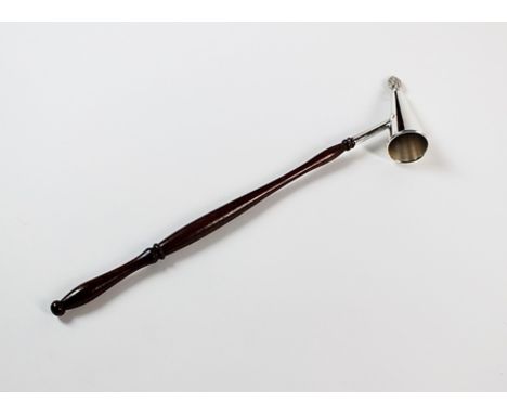 A silver mounted candle snuffer, Mappin & Webb, Sheffield 1989, with turned wood handle and flambeau finial to the cone, 31cm