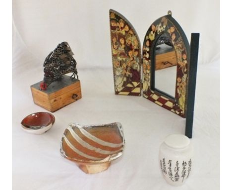 A late 20th century crank wind automaton of a pecking chicken, welded metal construction, on pine and sheet metal box base, m