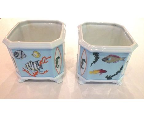 Lynn Chase A pair of "Reef" pattern coral reef decorated rectangular planters, 17cm high 