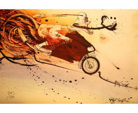 RALPH IDRIS STEADMAN (British, b.1936) Hunter S Thompson on a Ducati, coloured print, edition 95/100, 59cm by 84cm (SH) 