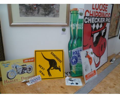 A selection of twelve various advertising tin, correx, and other signs, including, Rolling Rock, Zippo, Harley Davidson, vari