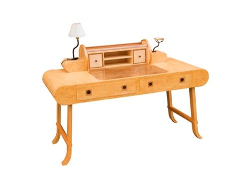 A "Nigel Brown" contemporary craftsman made bureau plat, having burr and figured writing surface with tambour rear superstruc