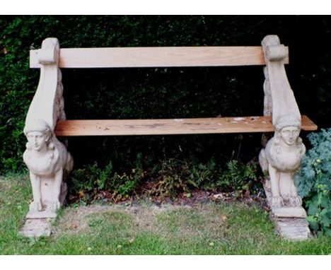 An Italian mid 19th century Classical Revival bench, biscuit terracotta, fashioned with a pair of sphinx ends supporting a pl