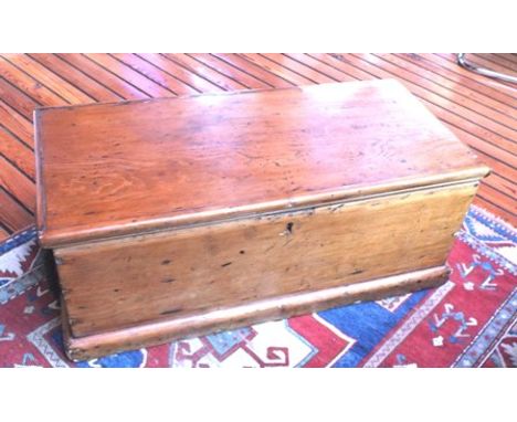 A 19th century stained pine shipping trunk, having hinged lid, with rope carrying handles, 89cm by 43cm, 33cm high 