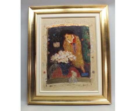 A late 20th century print and collage on canvas, a decorative figure interior with bird cage and vase of flowers, 65cm x 47cm