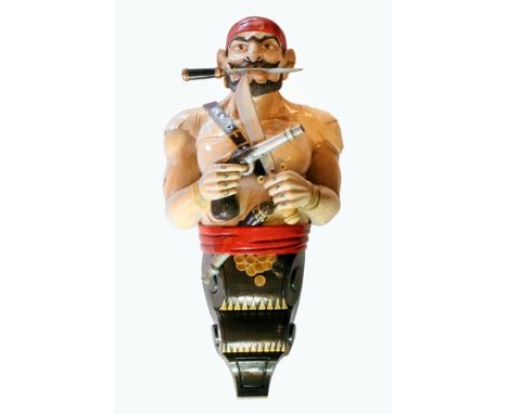 A 20th century carved wood and painted ship's figure head in the form of a Pirate wearing a red bandana, a dagger between his