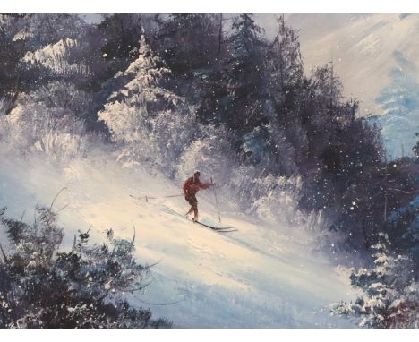 K. HOUSTON Oil on canvas of a skiing scene in a forest setting, signed by artist, 40 x 31 cm. Not available for in-house P&am