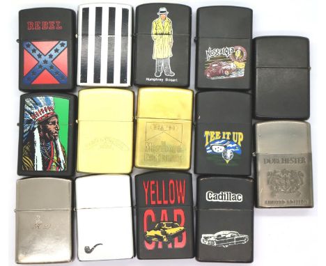 Fourteen windproof lighters, each with different designs. P&amp;P Group 1 (£14+VAT for the first lot and £1+VAT for subsequen