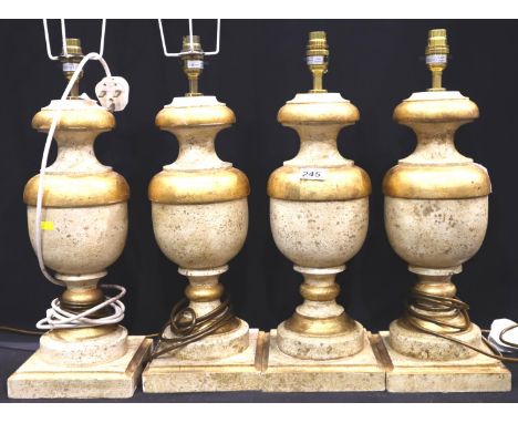 Set of four 20th Century turned, painted and gilt wood table lamp bases, overall H: 50 cm. Not available for in-house P&P, co