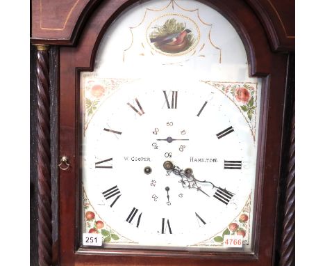 William Cooper Hamilton mahogany longcase clock with painted dial, Roman Chapters and subsidiary seconds dial, later cut down