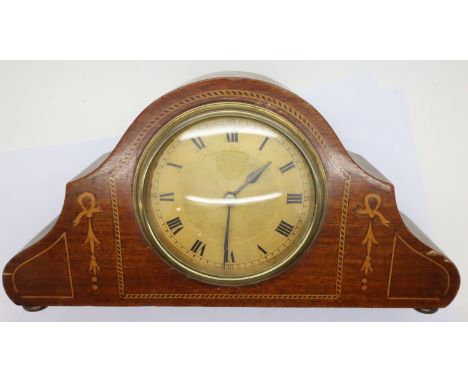Edwardian inlaid mantel clock, H: 14 cm. P&amp;P Group 2 (£18+VAT for the first lot and £3+VAT for subsequent lots) 