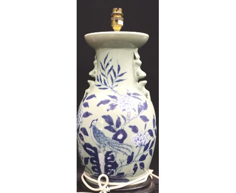 An early 20th Century Oriental Baluster form vase with electric lamp fitting, overall H: 41 cm. Not available for in-house P&