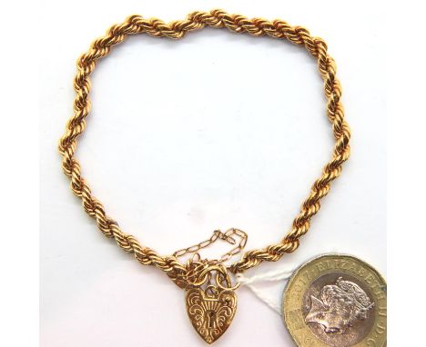9ct gold rope bracelet with padlock clasp and safety chain, 3.4g. P&amp;P Group 1 (£14+VAT for the first lot and £1+VAT for s