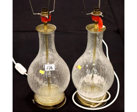 Pair of large contemporary Baluster-form lamp bases, craquelure style glass with brass fittings, overall H: 43 cm. Not availa