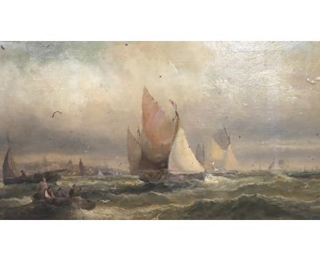 Gilt framed Victorian seascape oil on board, indistinctly signed with damage to right hand side, 38 x 19 cm. Not available fo