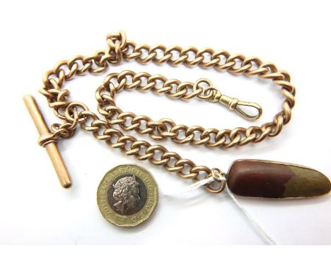 9ct gold pocket watch chain with claw clasp, T bar and stone fob, fob weight 6.0g, combined 54.9g. P&P Group 1 (£14+VAT for t