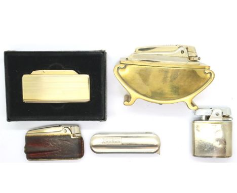 Ronson; a large brass table lighter, with four further cigarette lighters including a boxed example. P&amp;P Group 2 (£18+VAT