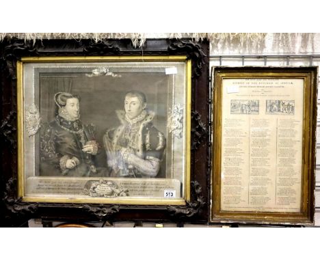 Framed lithograph and poem of the history of the Duchess of Suffolk and her husband Bertie, largest 55 x 46 cm. Not available