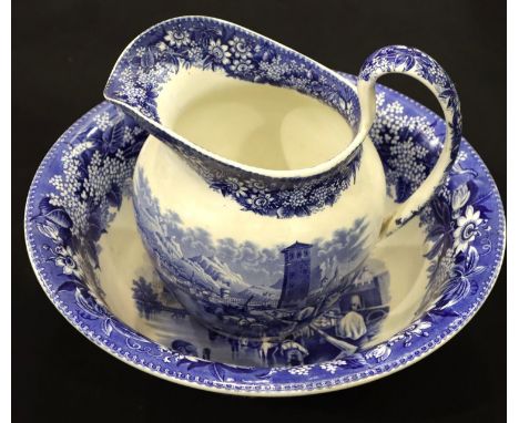 Wedgwood 19th Century blue and white ceramic wash bowl and water jug, bowl D: 32 cm. P&amp;P Group 3 (£25+VAT for the first l